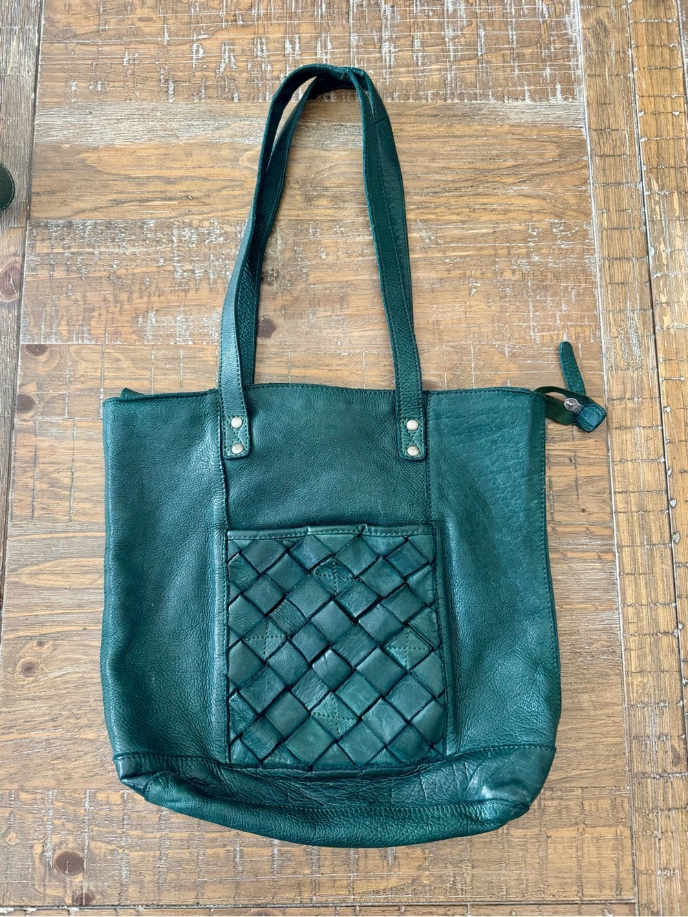 Vilenca Holland Teal Green Leather Woven Pocket Tote Bag